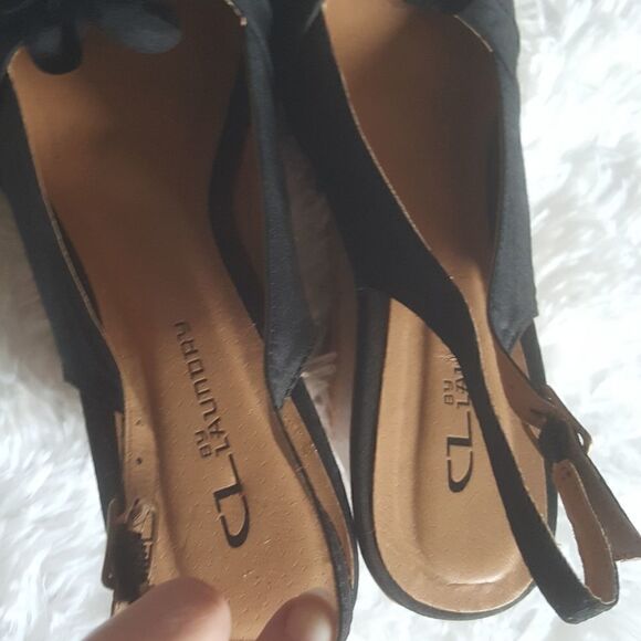 CL by Laundry Ilena Wedge Sandals Black Cork Open Toe Flower Top Shoes Size 7.5 - Picture 9 of 13